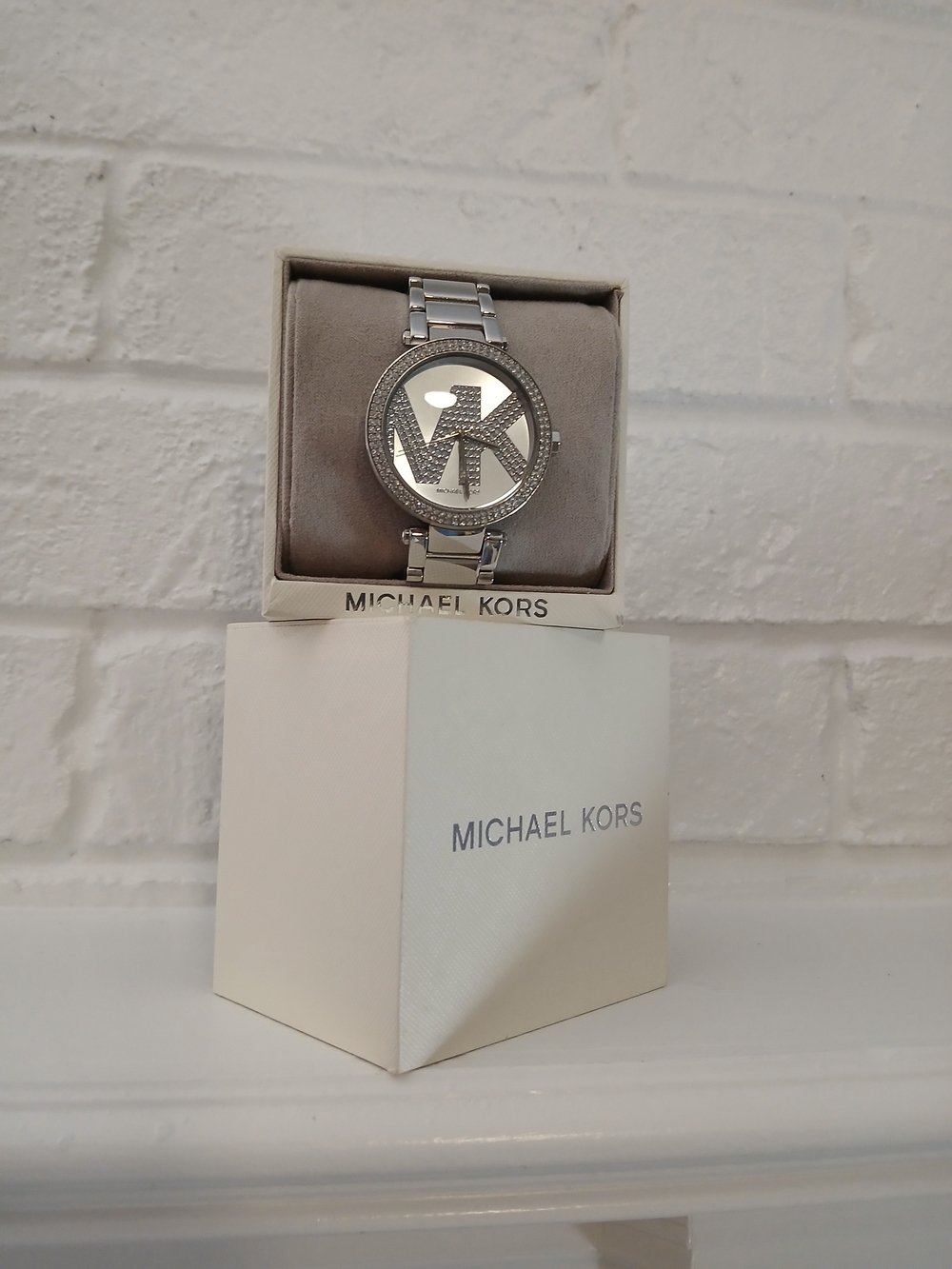 Michael‎ Kors MK6658 Parker Silver Logo Crystal-Trim Watch 33mm With BOX